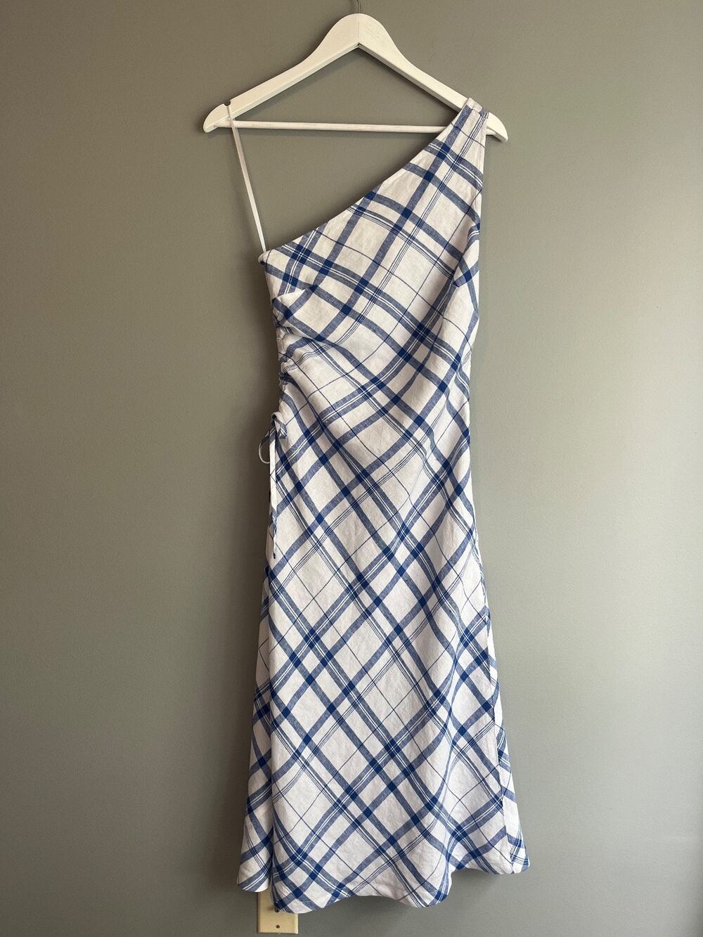Madewell NWT $178 Ruched One Shoulder Midi Dress Blue White Plaid Linen Sz 2